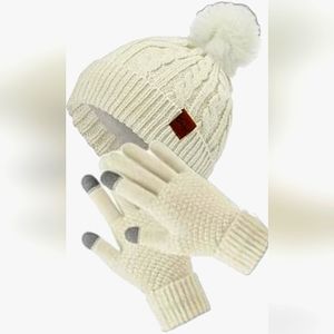 Pom Pom Winter White Beanie Knit Hat Glove Set Touchscreen ✔️